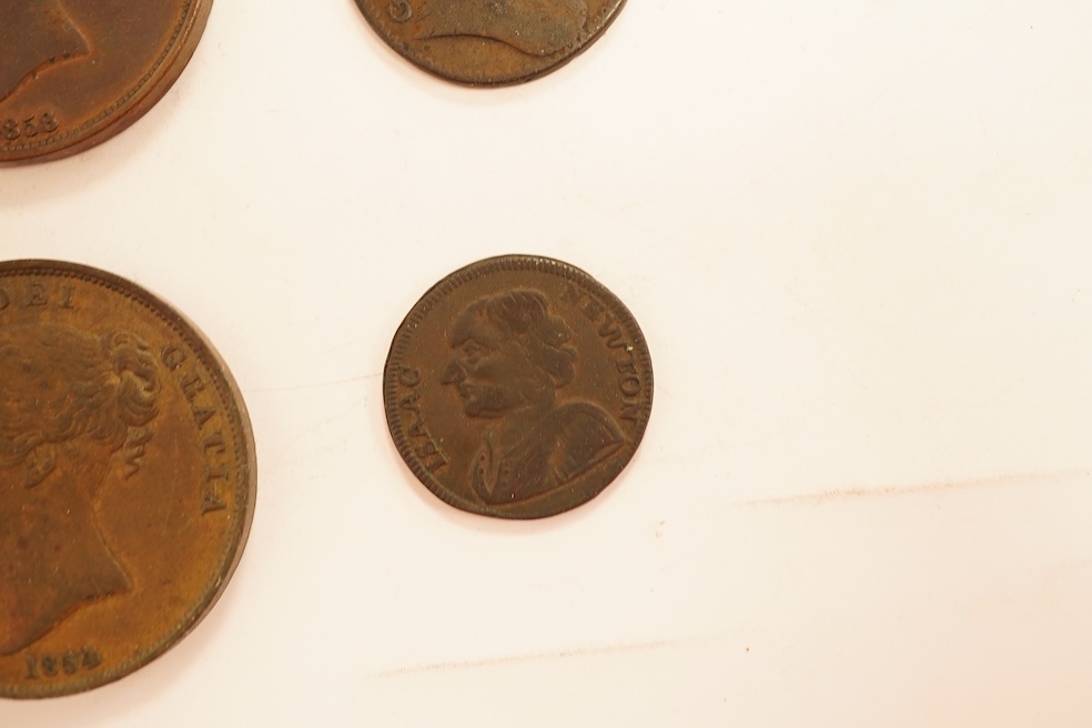 British copper coins;, Victoria, two pennies, 1858, good VF, dark toned, 1854, VF, dark toned, George III, halfpenny, 1773 and Isaac Newton farthing token, 1794